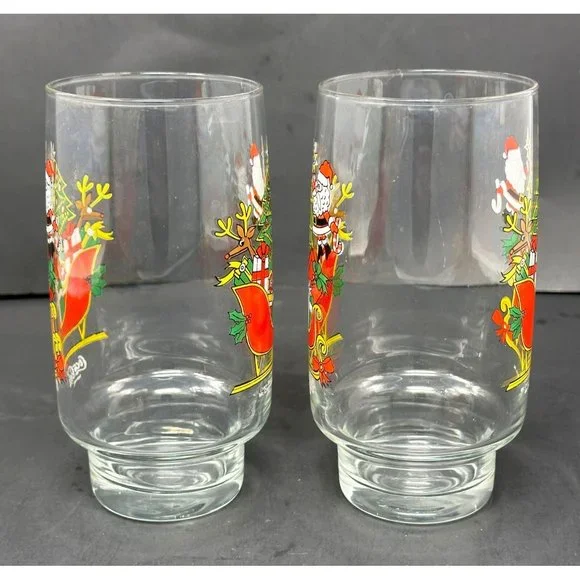 1985 (2) MCCRORY STORES Santa COCA COLA Tumbler Glasses Christmas Tree Sleigh - Picture 2 of 11
